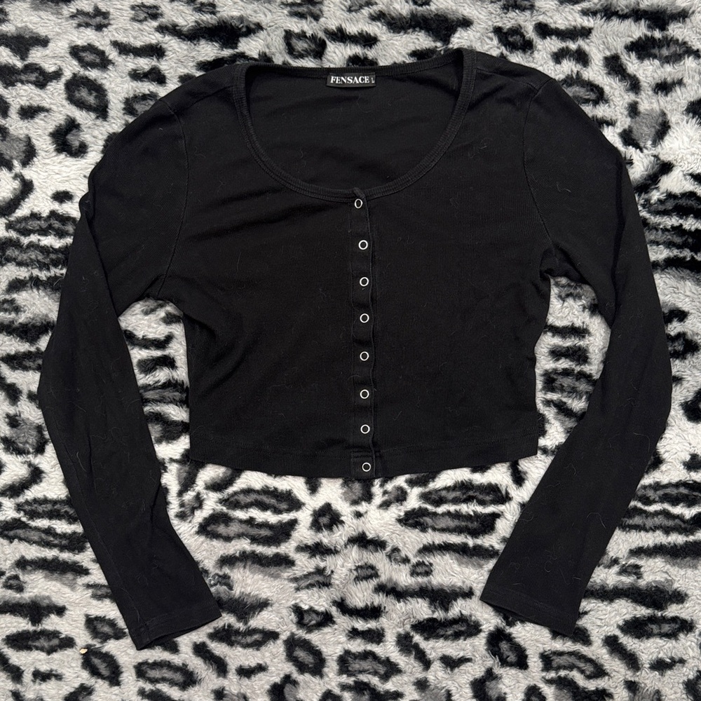 Fensace Black Long Sleeve Button Down Top